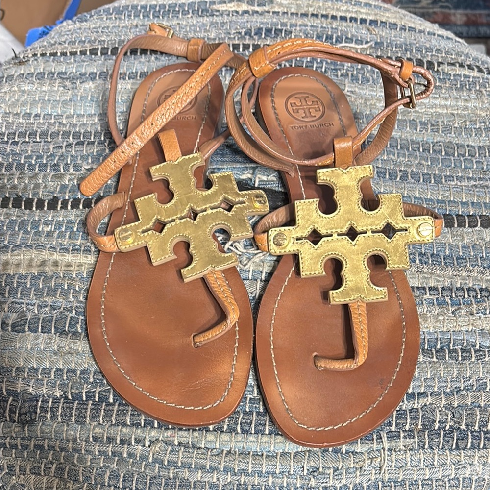 Tory Burch Tan Sandals with Gold Detailing